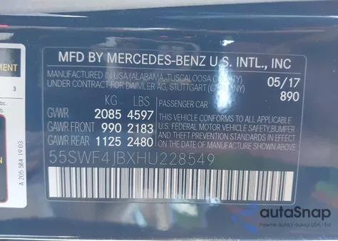 2017 Mercedes-Benz C 300 from USA, damaged, VIN 55SWF4JBXHU228549